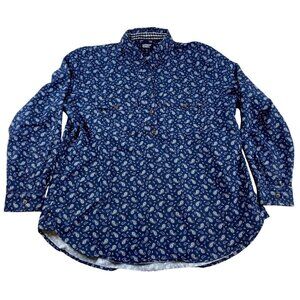 Lands End Womans Shirt XL Paisley Long Sleeve Cotton Navy & White